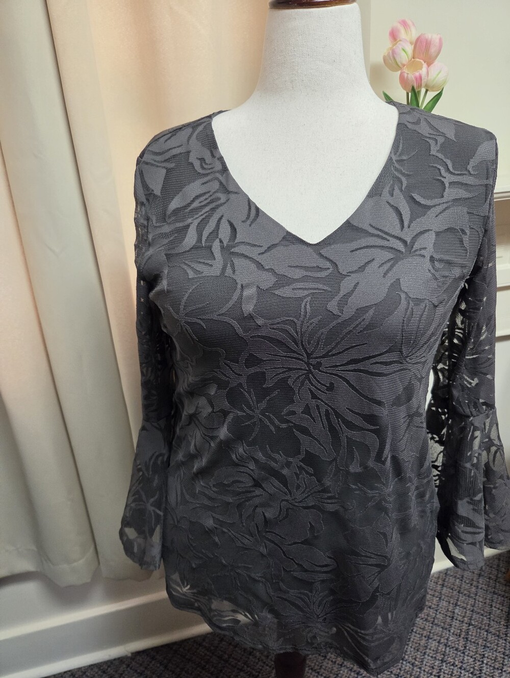Alfani Olive Green  SheerV-Neck Top With Sheer Flared Sleeves Size Med.